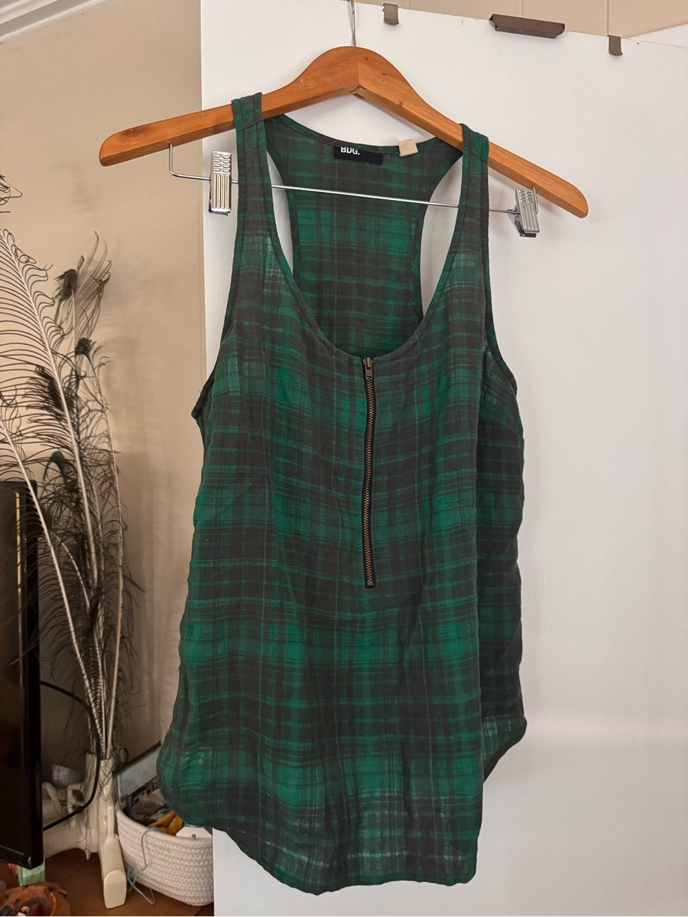 BDG Green and Black Plaid Zip Tank Top